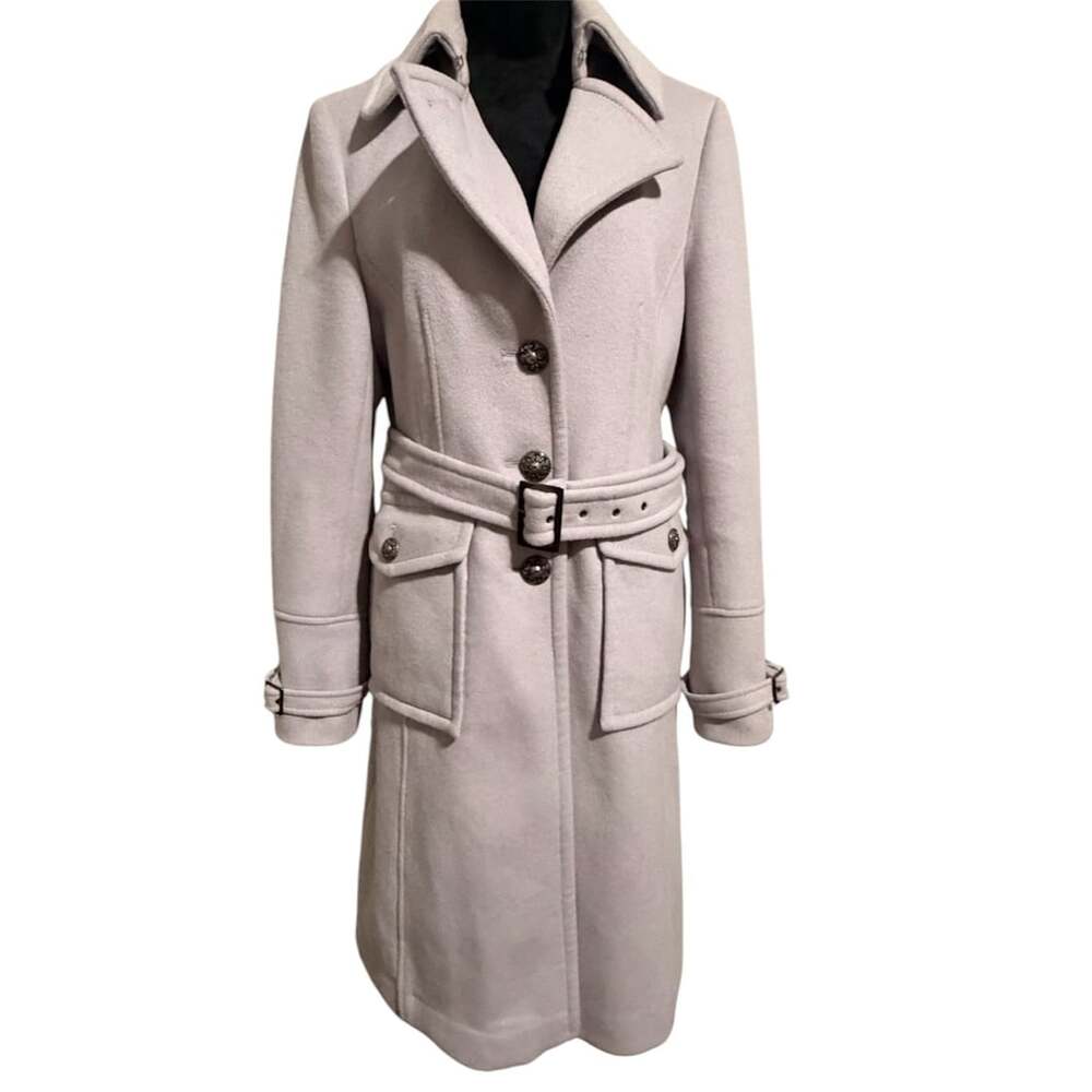 Vintage Tahari Wool Blend Belted Trench Coat Light Grey, Size Large/ 14